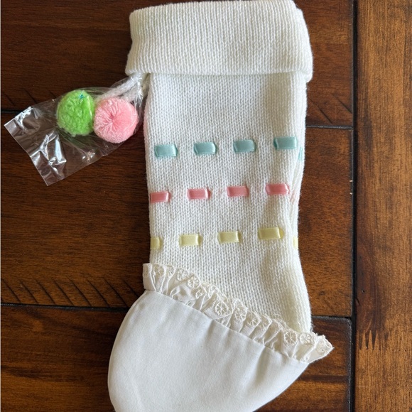 Vintage White Baby Christmas Stocking with Pom Poms never used - Picture 2 of 2